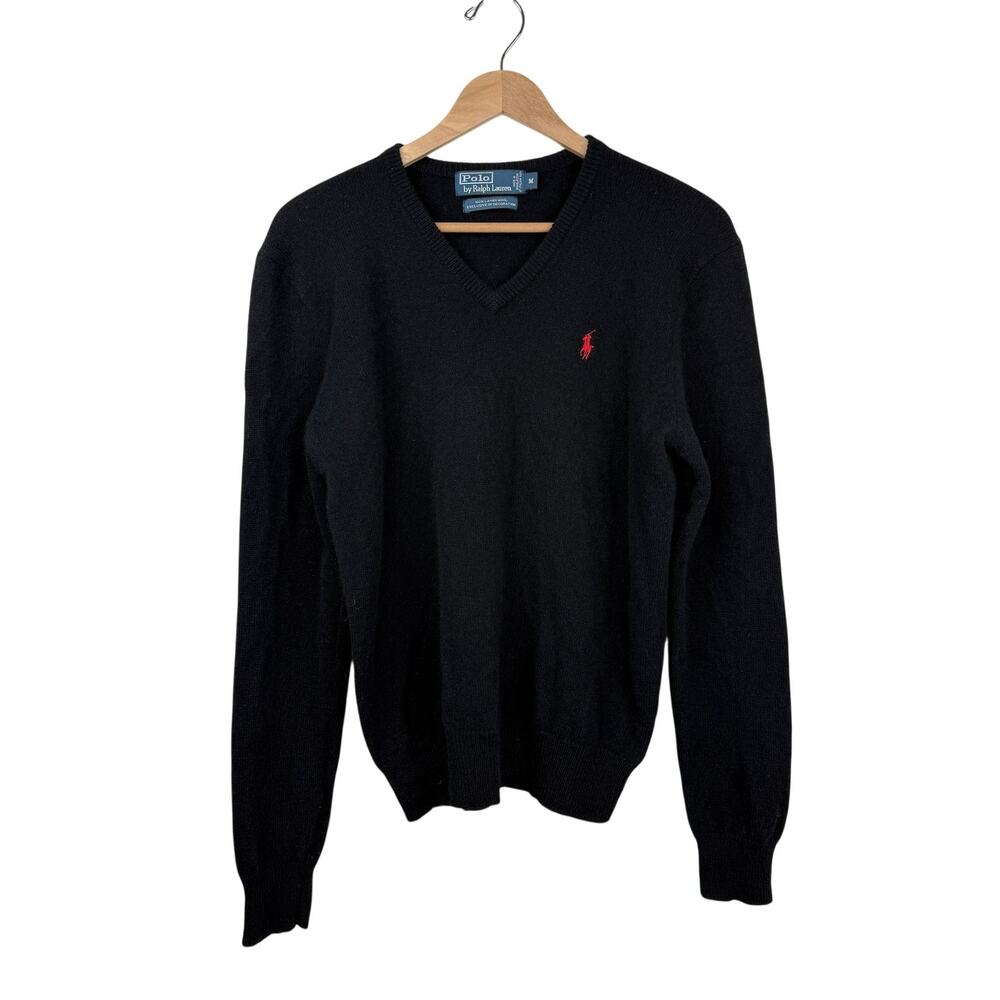 Vintage Polo Ralph Lauren Lambswool Sweater Mens M Black V Neck 90s Y2K Preppy